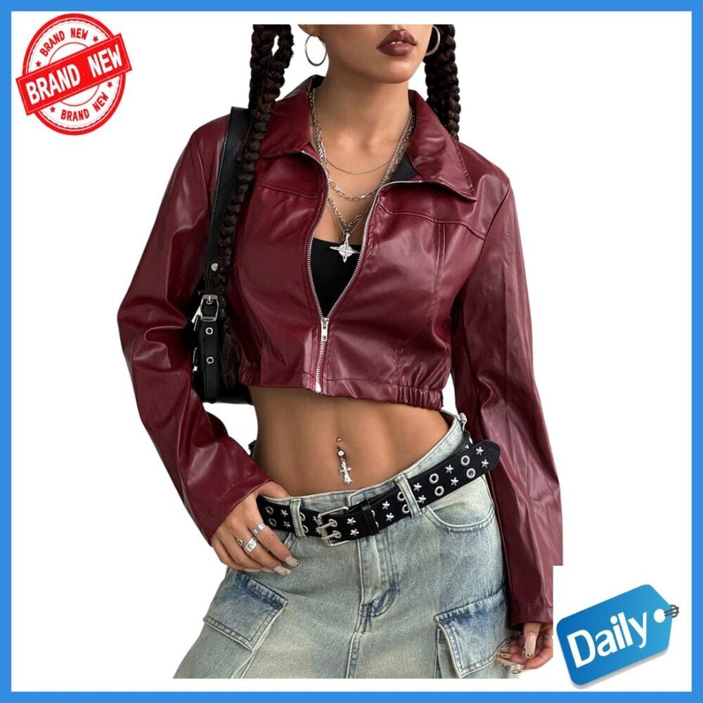 Lightweight Leather Cropped Jacket Motorcycle Streetwear Long Sleeve